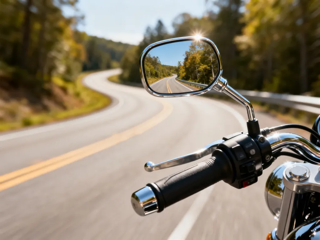 Chromowane lusterko motocyklowe z widoczną w odbiciu krętą drogą, podkreślające znaczenie dobrej widoczności podczas jazdy.