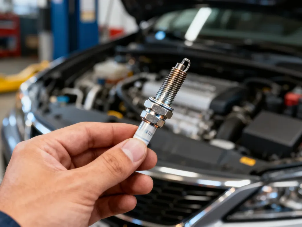 Mechanik trzymający nową świecę żarową na tle komory silnika samochodu.