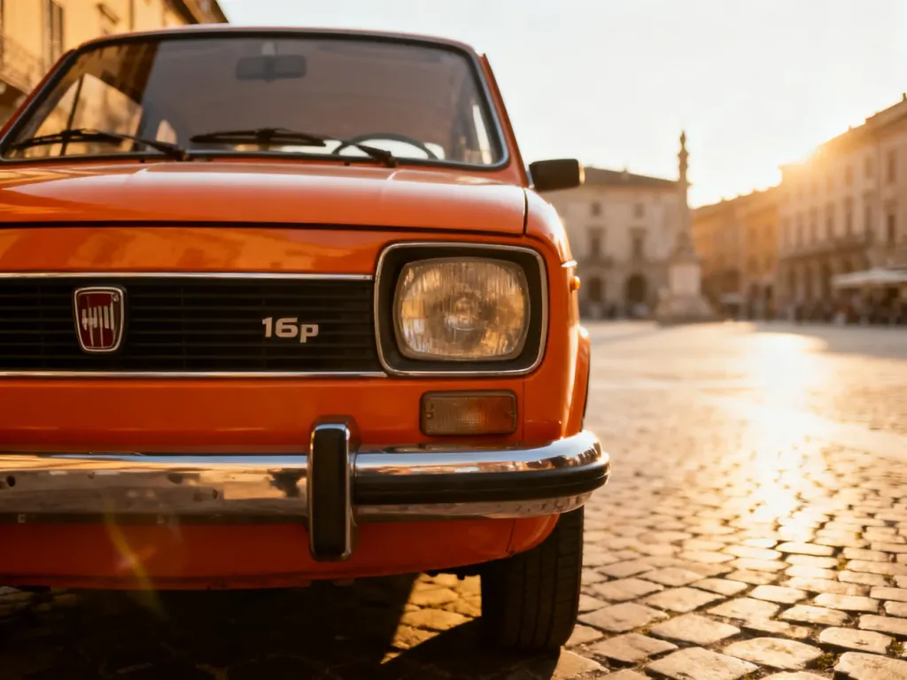 Zabytkowy Fiat 126p zaparkowany na słonecznym bruku w historycznym mieście. Widok na charakterystyczny reflektor auta.