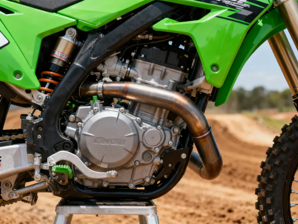 Zbliżenie na silnik i zielone owiewki motocykla Kawasaki KX 85, podkreślające detale konstrukcyjne maszyny.