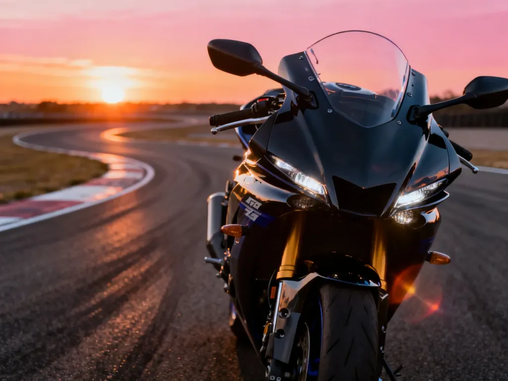 Yamaha R6 zaparkowana na torze wyścigowym podczas zachodu słońca, podkreślająca aerodynamiczny design motocykla.