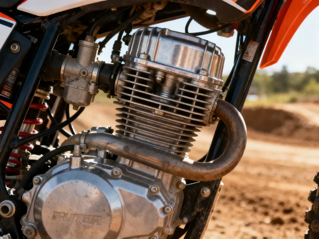 Zbliżenie na silnik motocykla crossowego KTM, ukazujące detale cylindra i żebra chłodzące na tle toru wyścigowego.