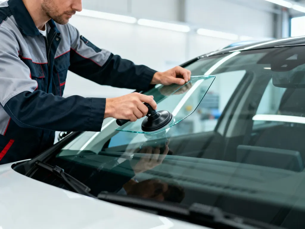 Mechanik samochodowy precyzyjnie montuje nową szybę przednią w nowoczesnym aucie w profesjonalnym warsztacie.