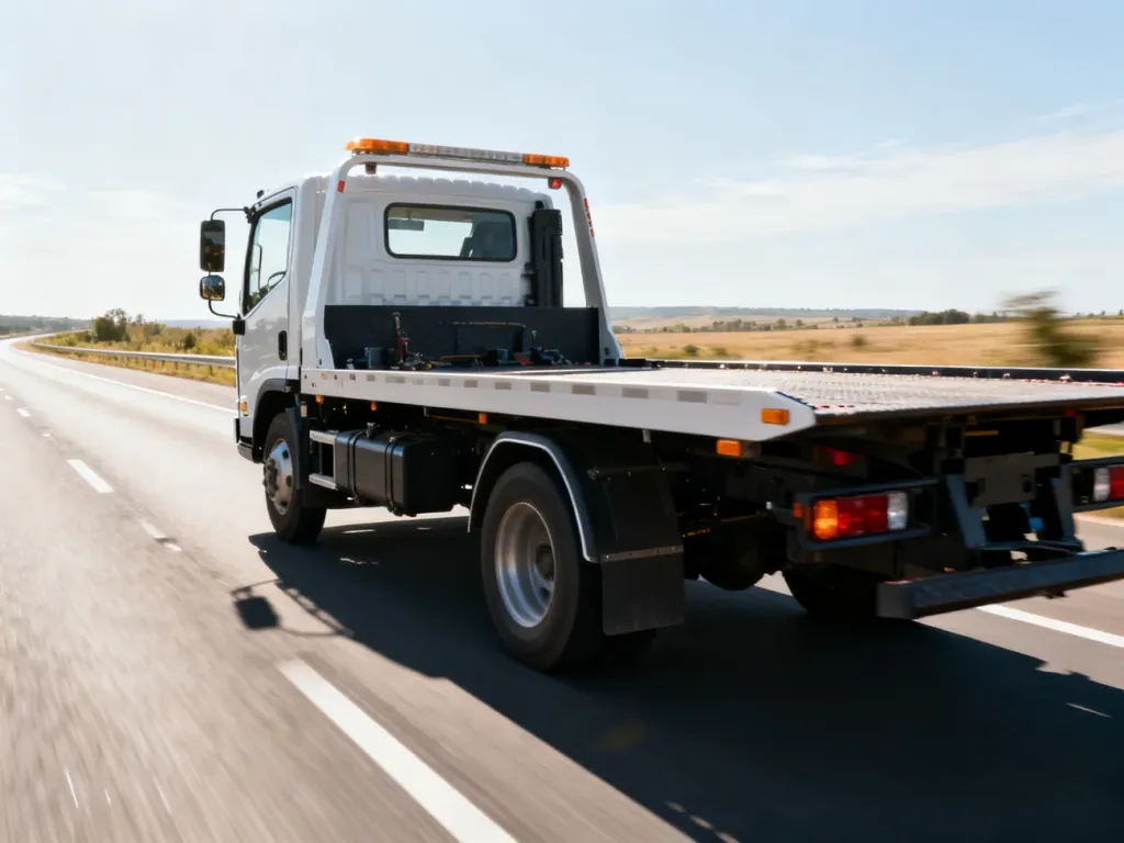 Nowoczesna autolaweta jadąca pustą autostradą w słoneczny dzień, obrazująca warunki wpływające na zużycie paliwa.