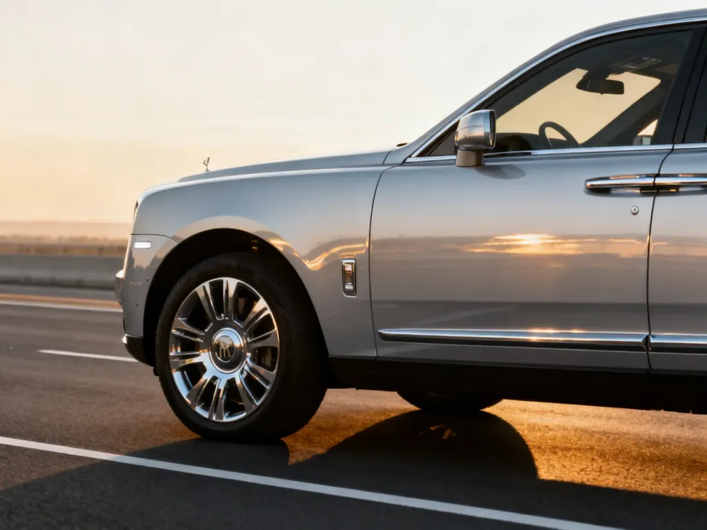 Srebrne Audi Q7 zaparkowane na drodze w świetle zachodzącego słońca, podkreślające elegancką sylwetkę luksusowego SUV-a.